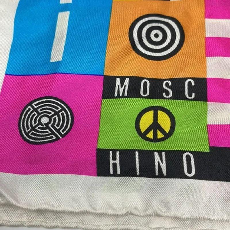 Moschino vintage silk scarf peace sign bull four leaf clover

This vintage Moschino scarf is a wonder of color which is perfect for summer dressing. Bight yellow, pink, blue, gold, black, white, red colors make this an easy scarf to match with other