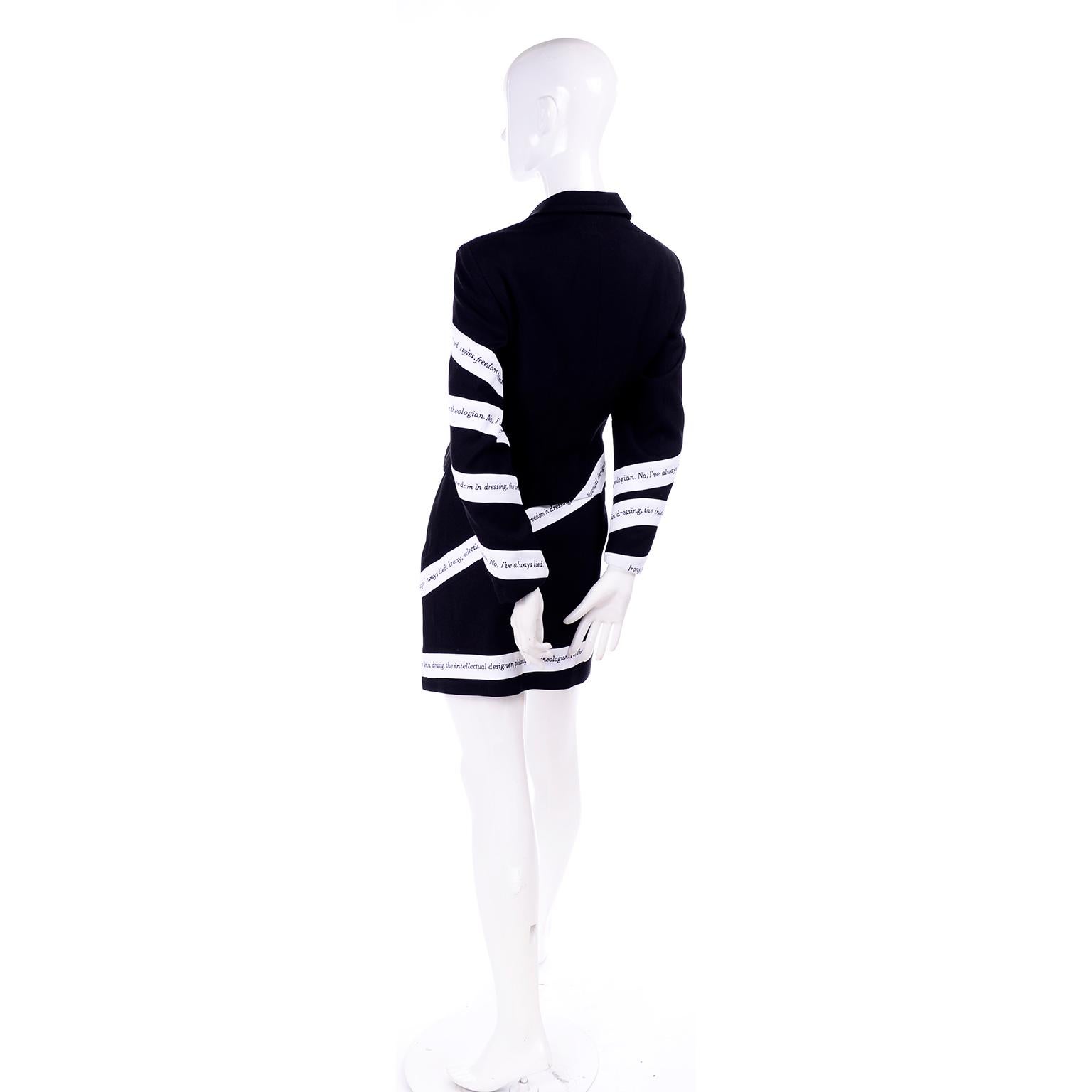 Black Moschino Vintage Skirt & Blazer Suit W White Ribbon Philosopher Word Banners