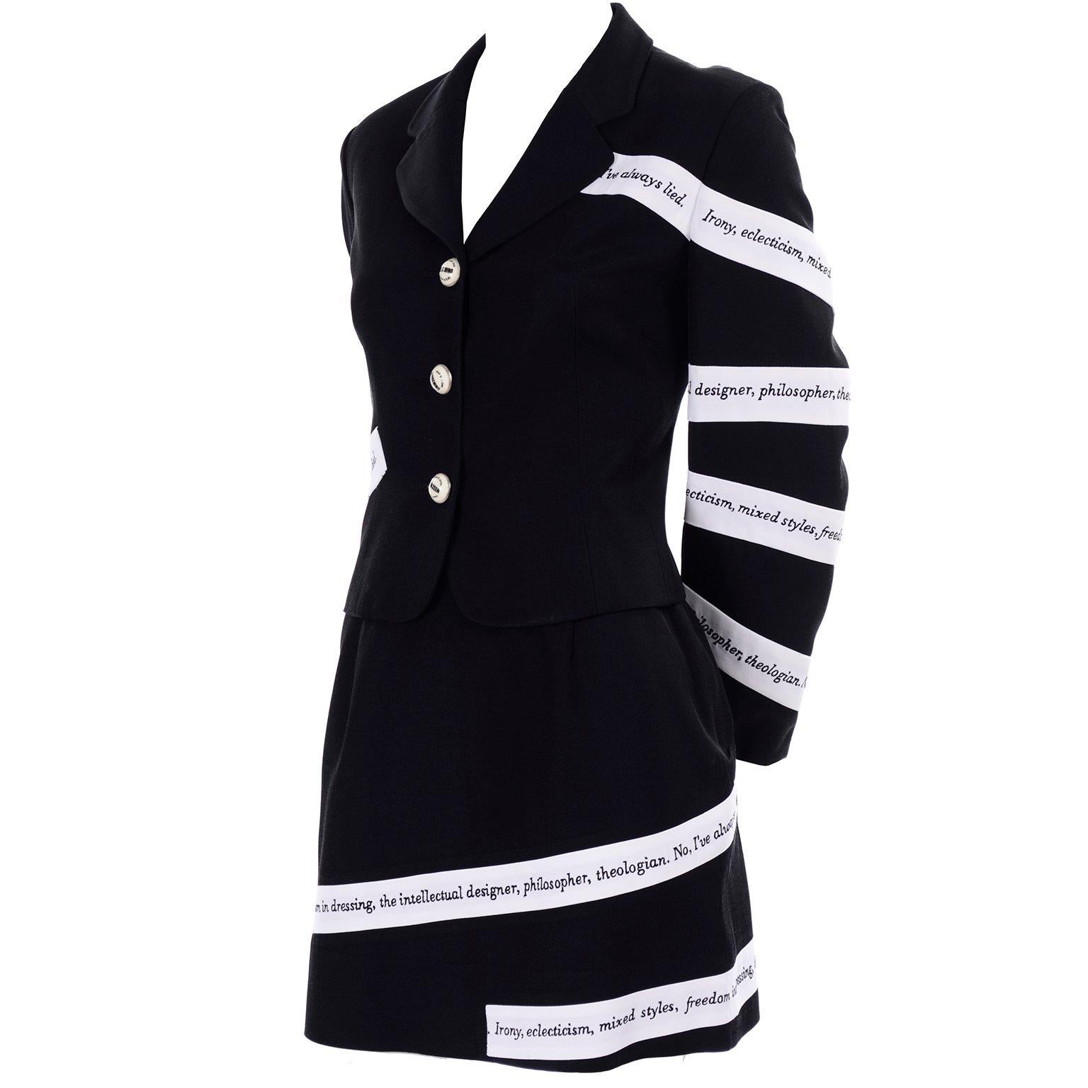 Moschino Vintage Skirt & Blazer Suit W White Ribbon Philosopher Word Banners