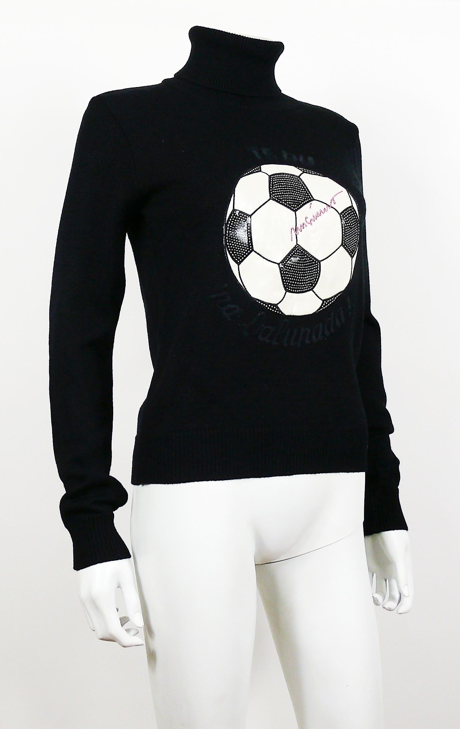MOSCHINO vintage black sweater featuring a large soccer ball applique with an embroidered sentence around : 
