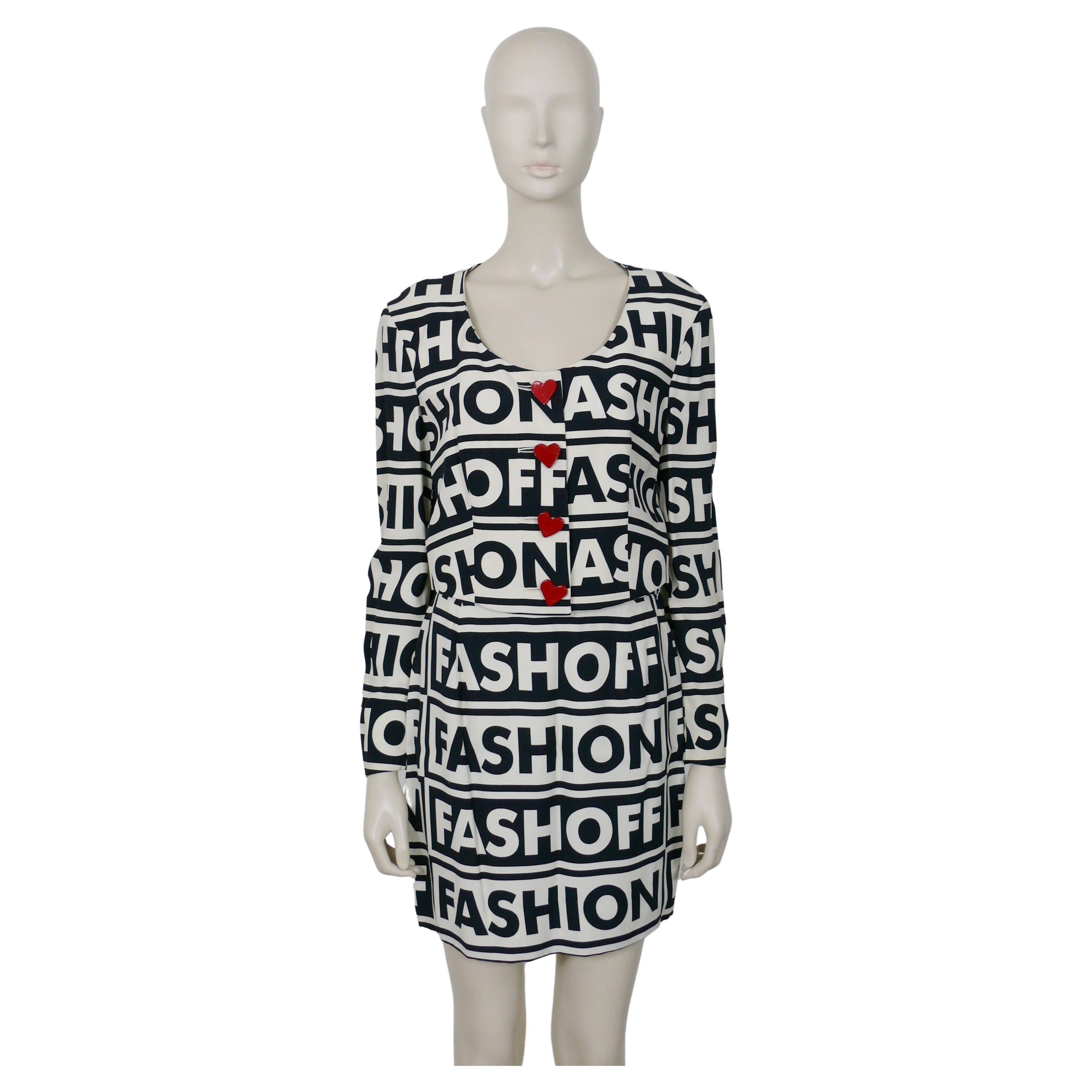 Moschino Vintage Spring/Summer 1992 Iconic "FashiON/OFF" Skirt Suit US Size 10 For Sale