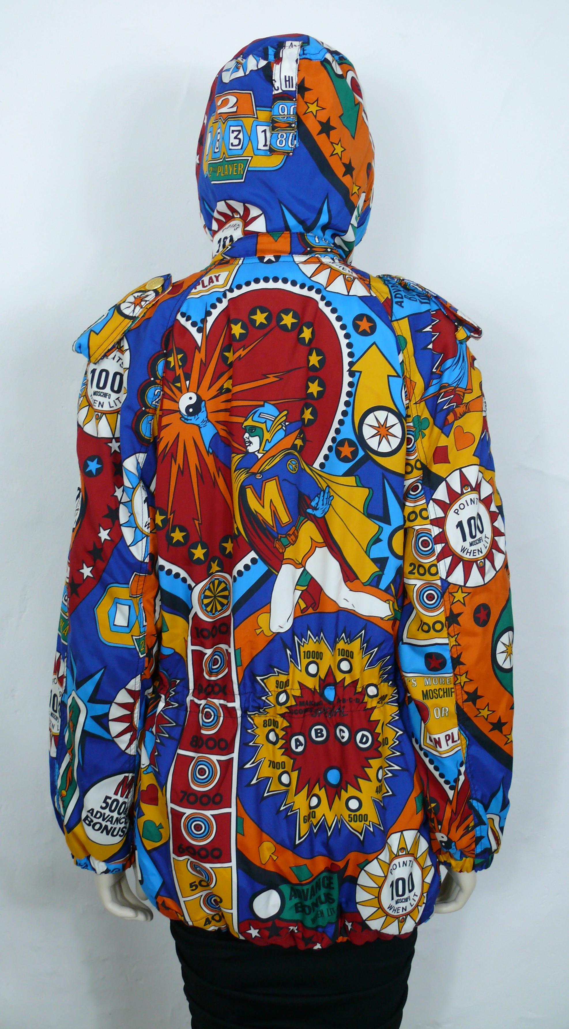 Moschino Vintage Super Hero Pinball Print Hooded Jacket USA Size 8 For Sale 4