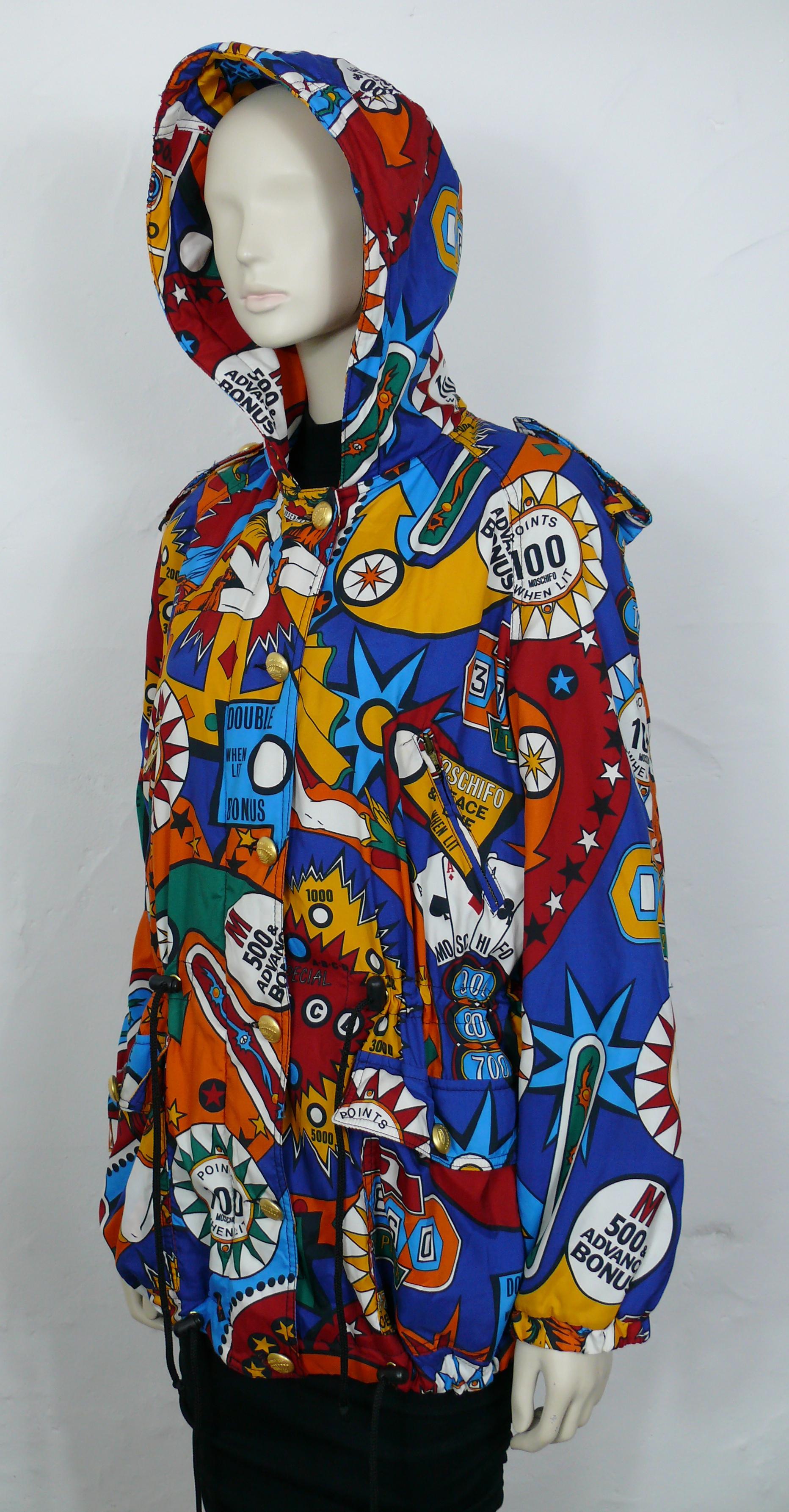 Black Moschino Vintage Super Hero Pinball Print Hooded Jacket USA Size 8 For Sale