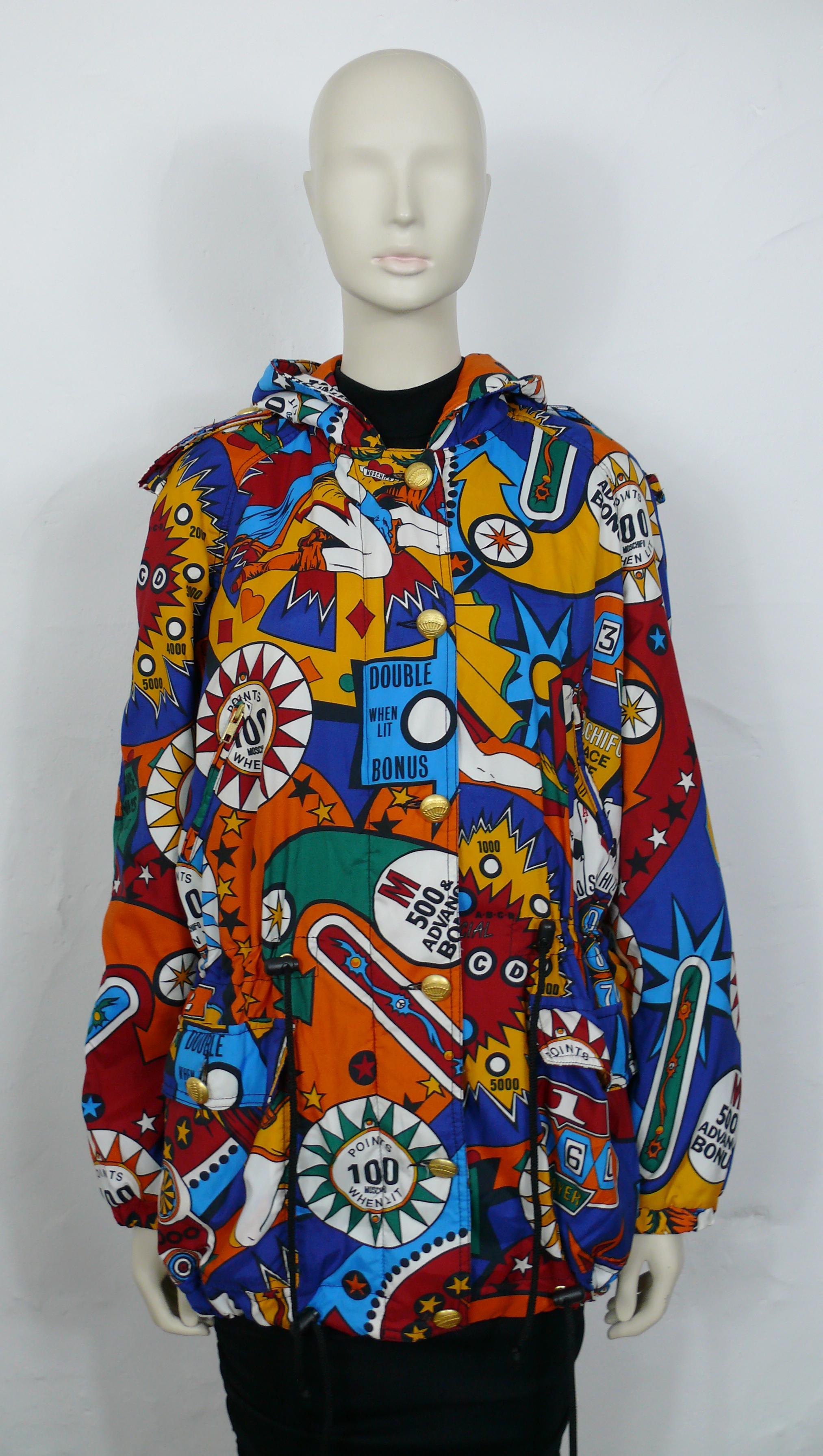 Moschino Vintage Super Hero Pinball Print Hooded Jacket USA Size 8 In Good Condition For Sale In Nice, FR