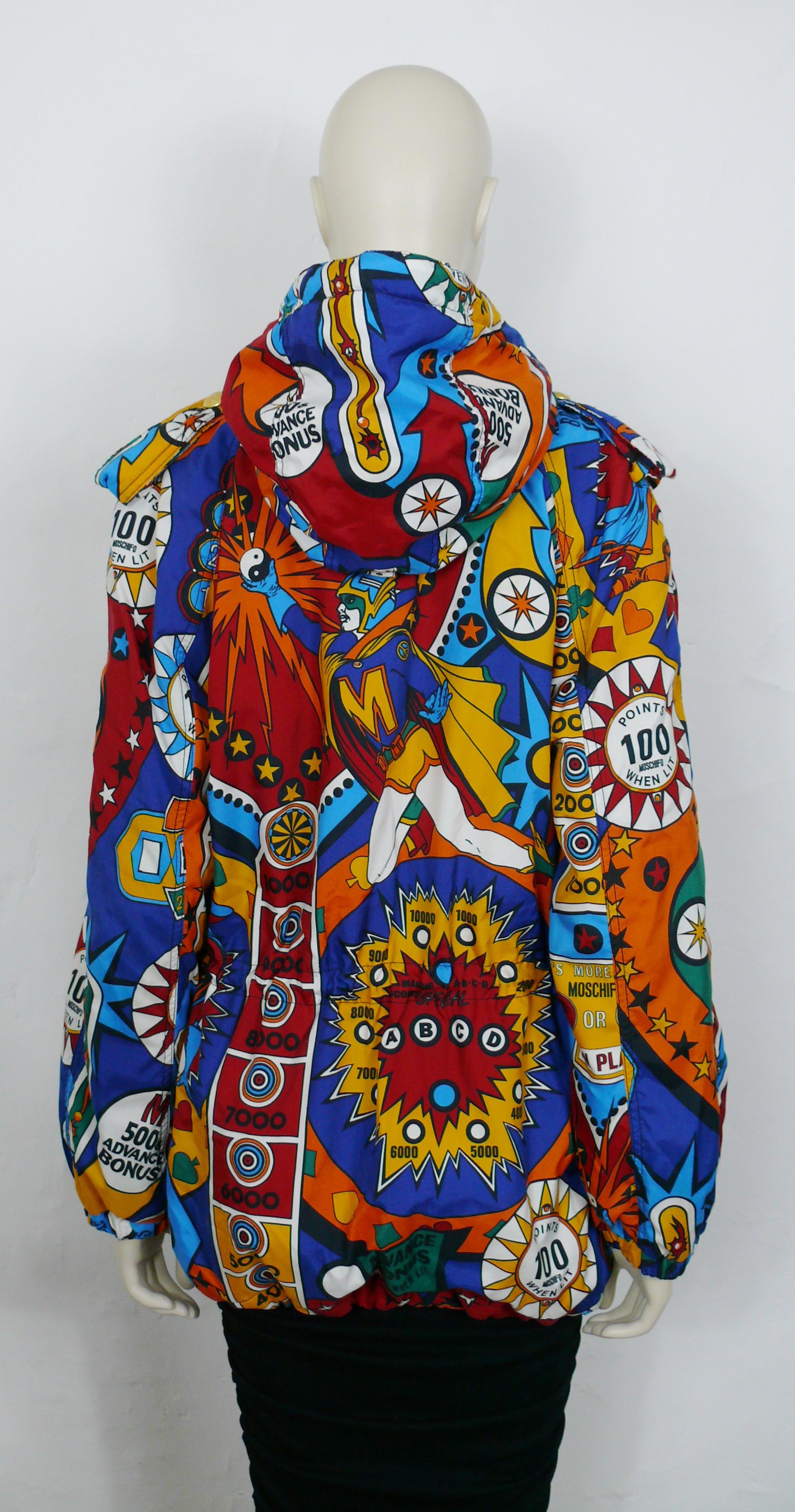Women's or Men's Moschino Vintage Super Hero Pinball Print Hooded Jacket USA Size 8 For Sale