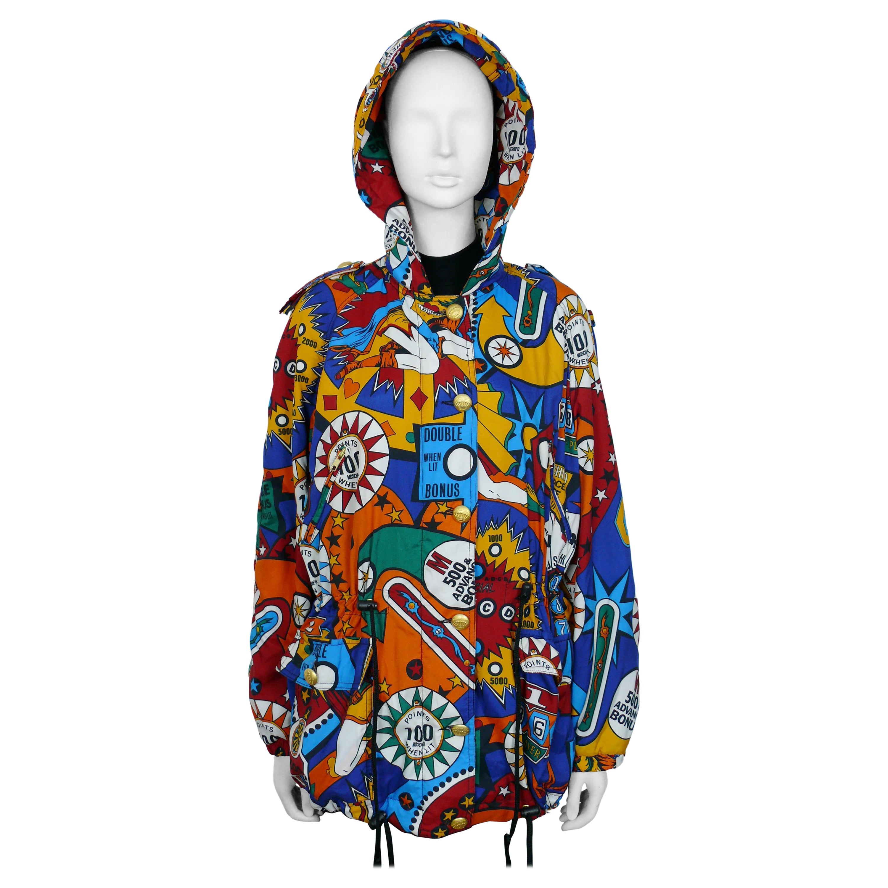 Moschino Vintage Super Hero Pinball Print Hooded Jacket USA Taglia 8 in vendita