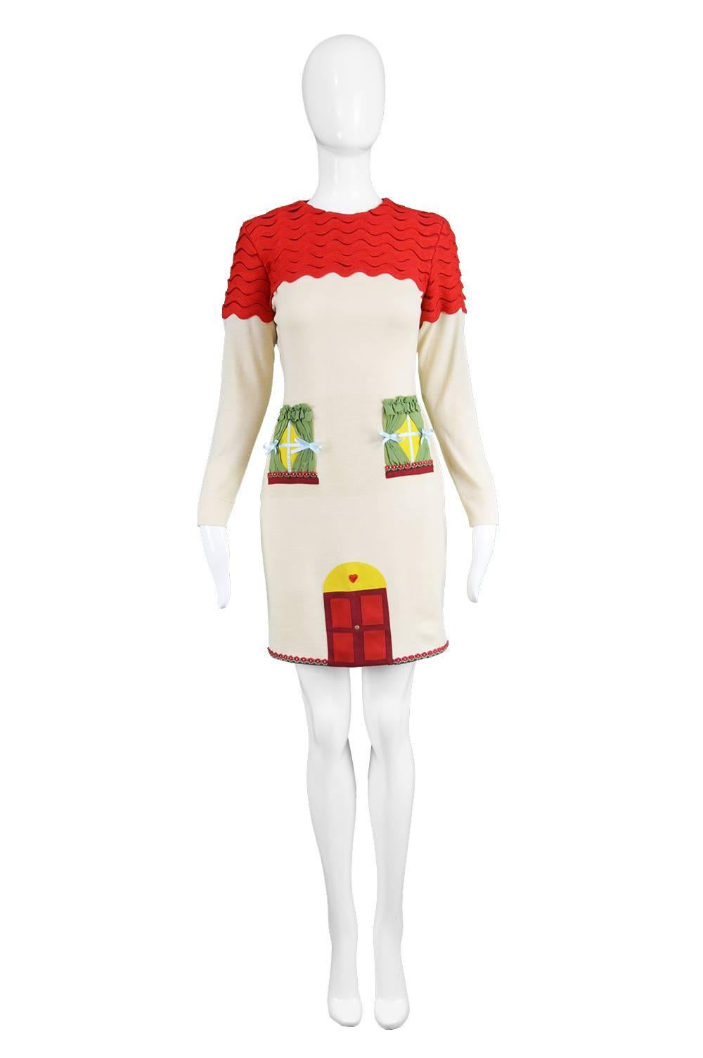 Unworn Moschino Vintage 1980s Surrealist House Cream & Red Wool Blend Knit Dress

Click 'CONTINUE READING' below to see size & description. 

A stunning vintage women's long sleeve dress from the late 80s / early 90s by iconic Italian designer,