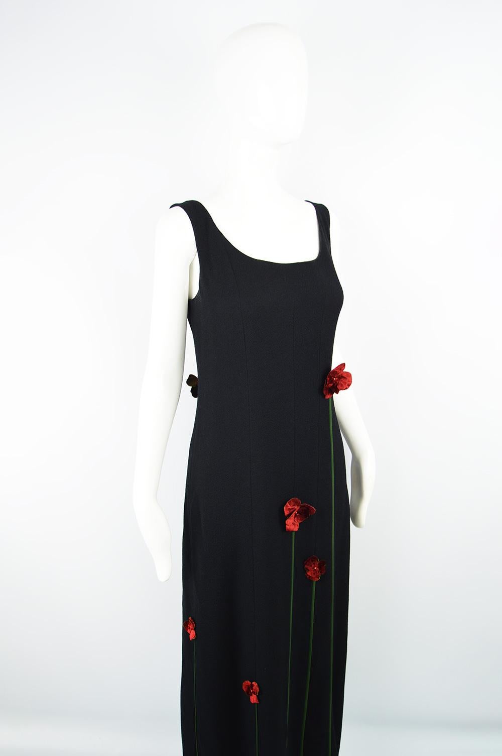 Women's Moschino Vintage Tulip Applique Black Crepe Sleeveless Maxi Evening Dress, 1990s For Sale