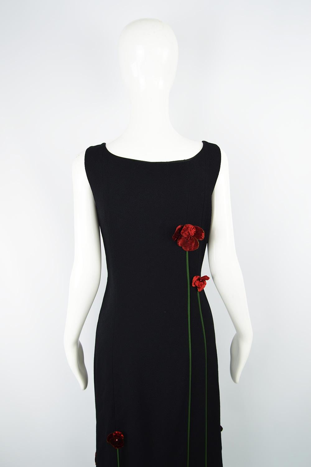 Moschino Vintage Tulip Applique Black Crepe Sleeveless Maxi Evening Dress, 1990s For Sale 1