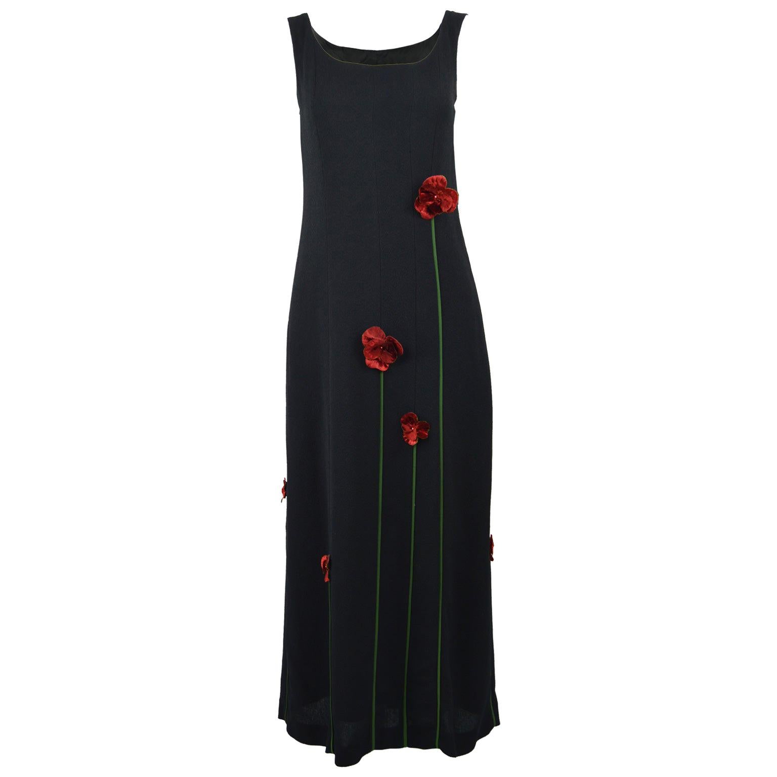 Moschino Vintage Tulip Applique Black Crepe Sleeveless Maxi Evening Dress, 1990s For Sale