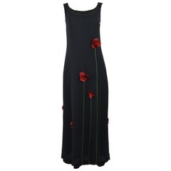 Moschino Vintage Tulip Applique Black Crepe Sleeveless Maxi Evening Dress, 1990s