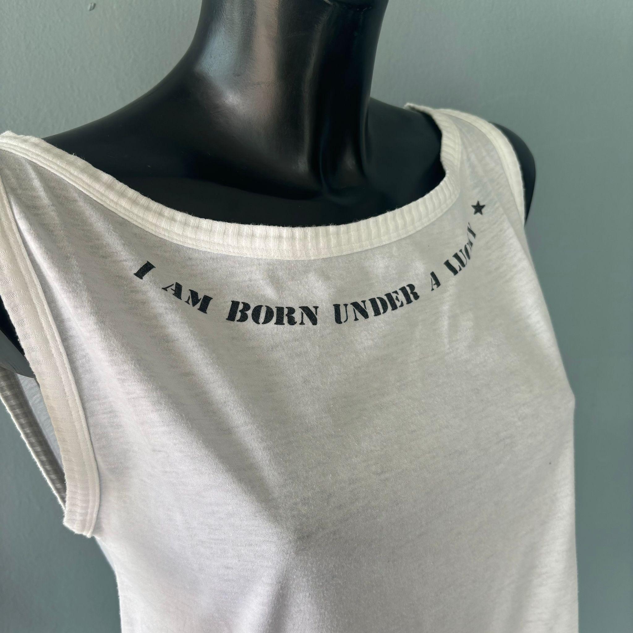 Moschino Vintage White Tank Top - Bold Grafik 'Born Under a Lucky Star' - Größe für Damen oder Herren im Angebot