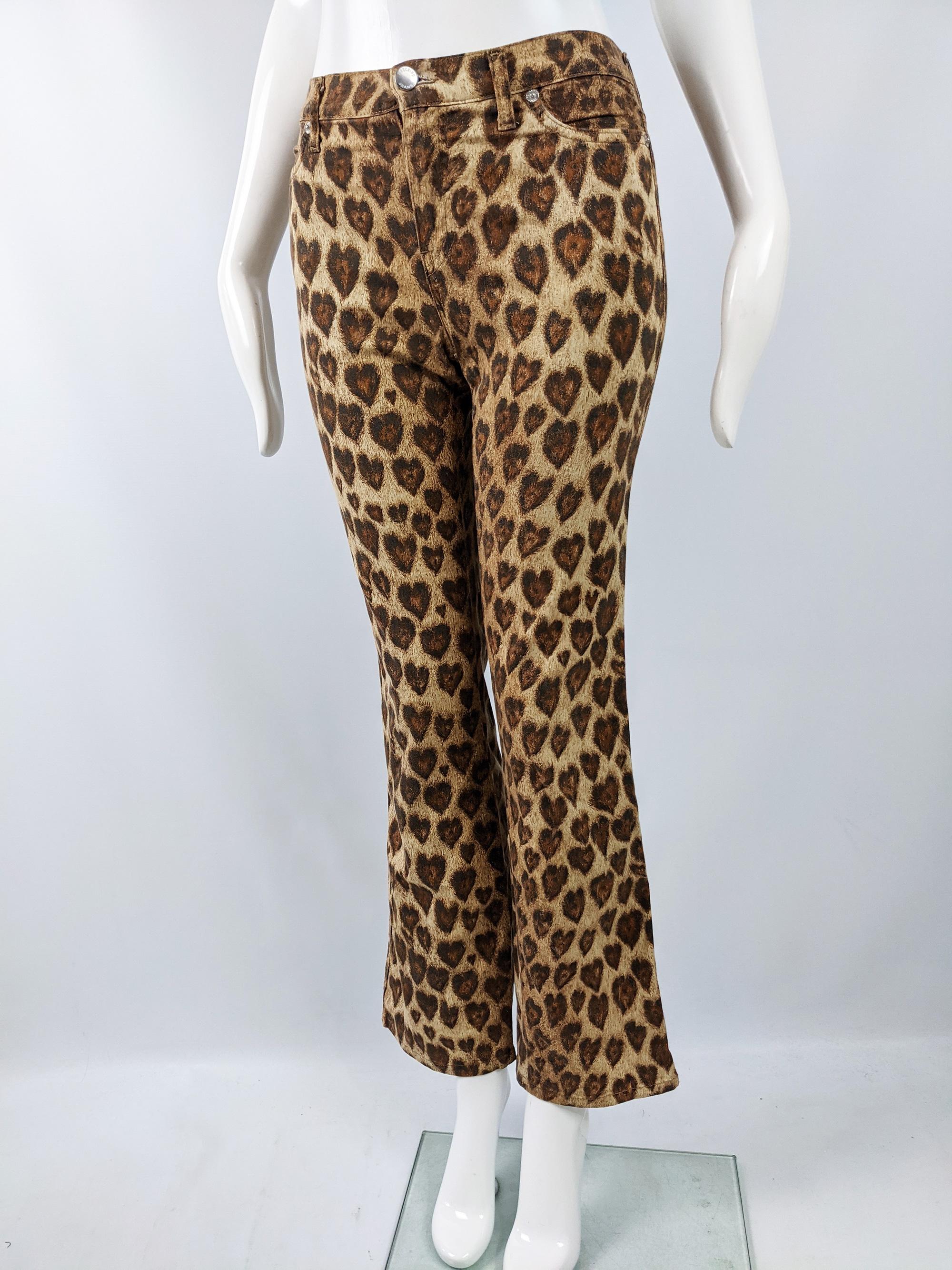 Brown Moschino Vintage Womens Leopard Love Heart Print Jeans, 1990s