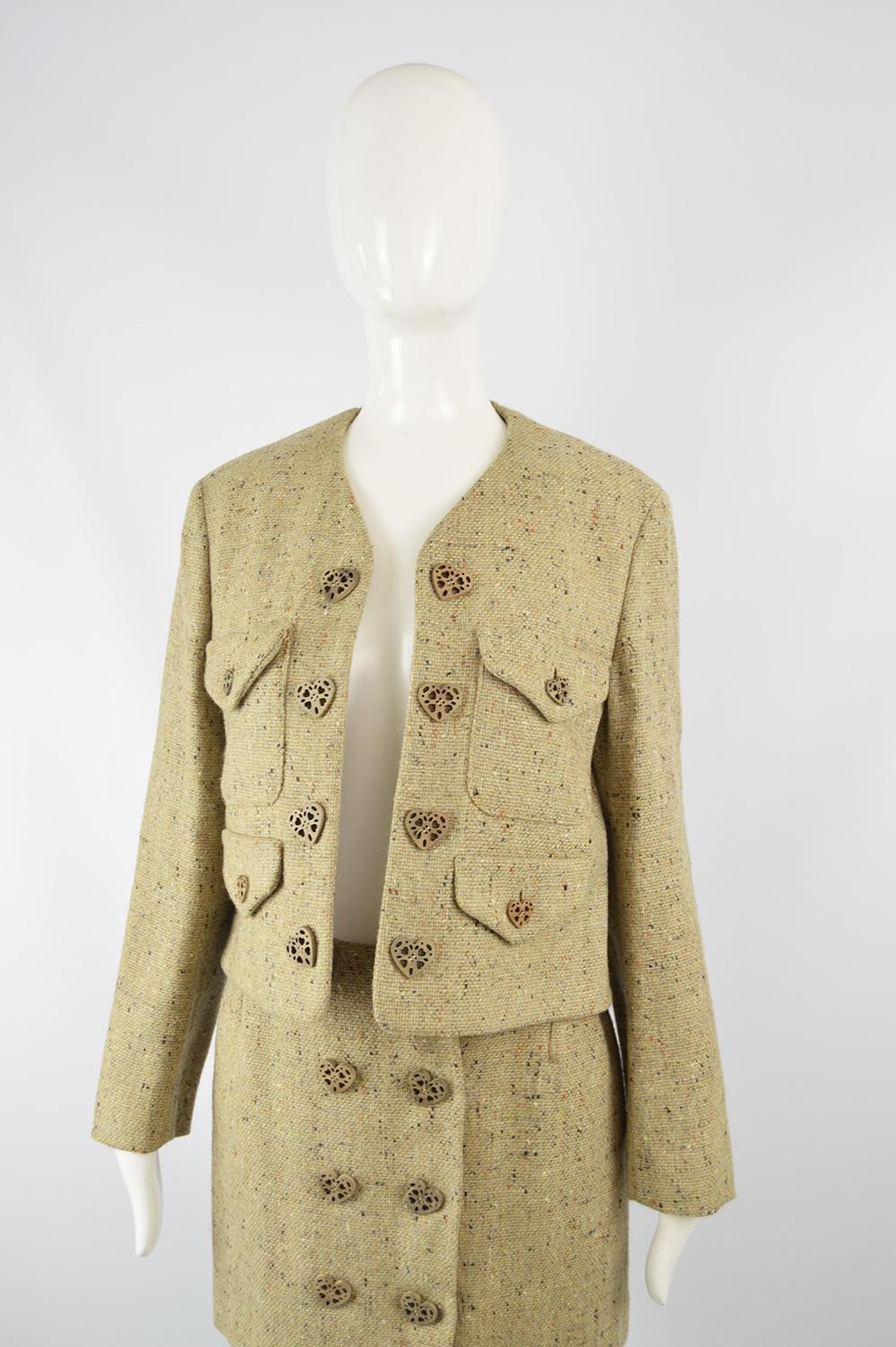 Beige Moschino Vintage Wool Tweed 2 Piece Jacket & Skirt Suit with Heart Button, 1990s For Sale