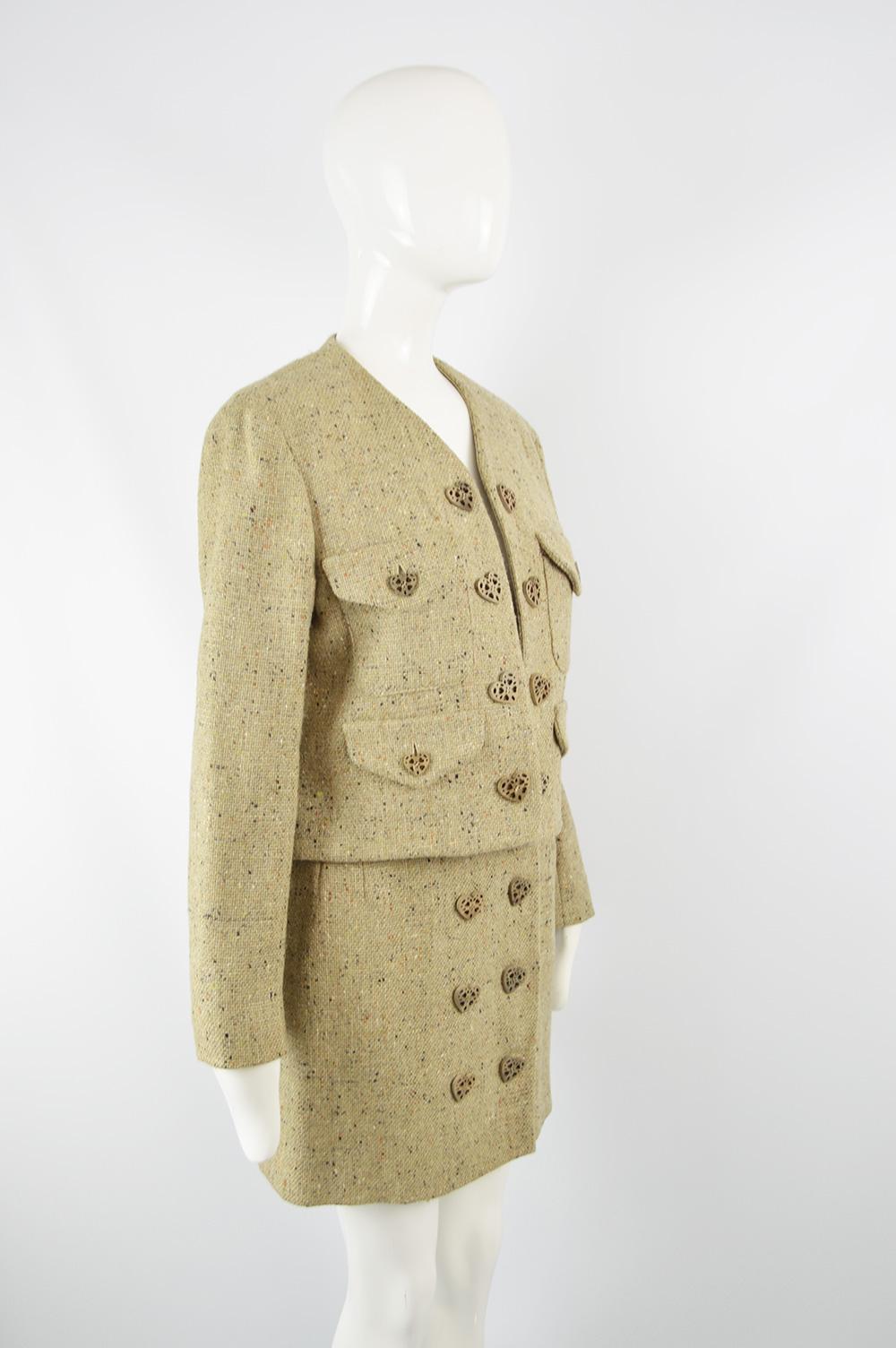 Women's Moschino Vintage Wool Tweed 2 Piece Jacket & Skirt Suit with Heart Button, 1990s For Sale