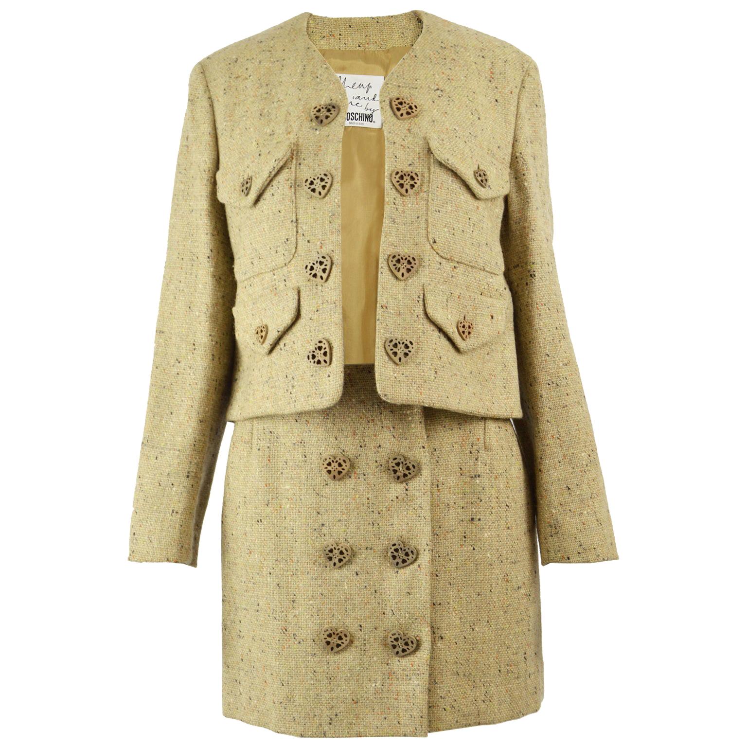 Moschino Vintage Wool Tweed 2 Piece Jacket & Skirt Suit with Heart Button, 1990s For Sale