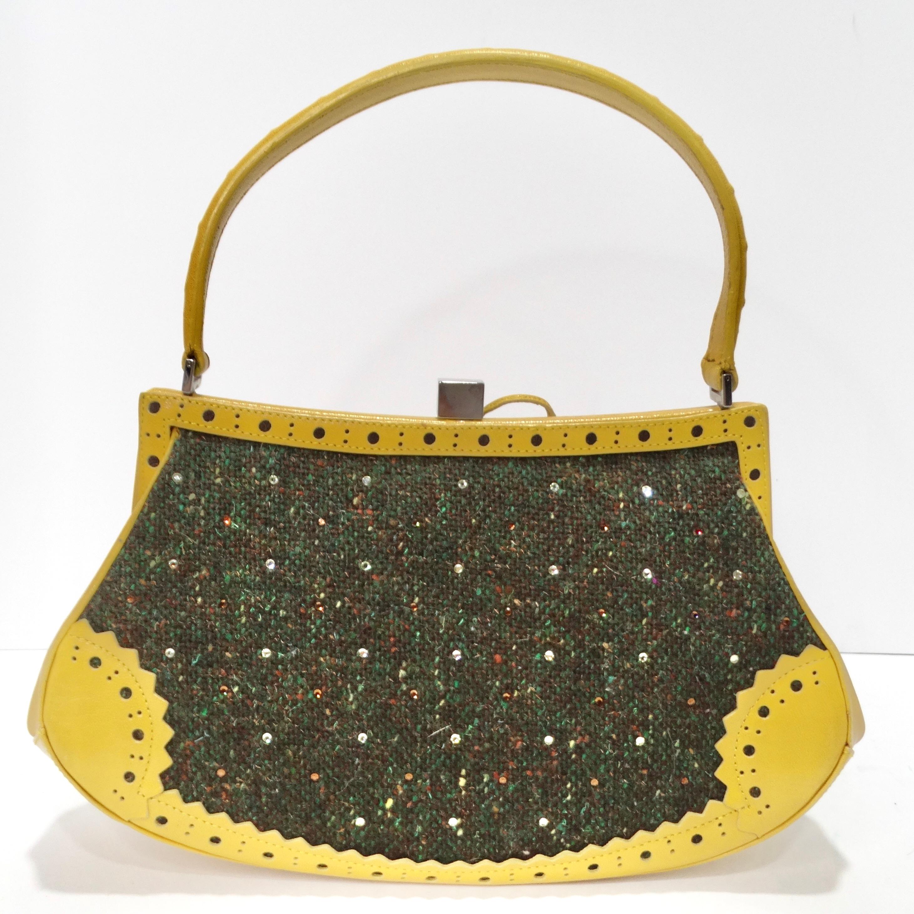 Women's or Men's Moschino Vintage Yellow Leather Tweed Handbag For Sale
