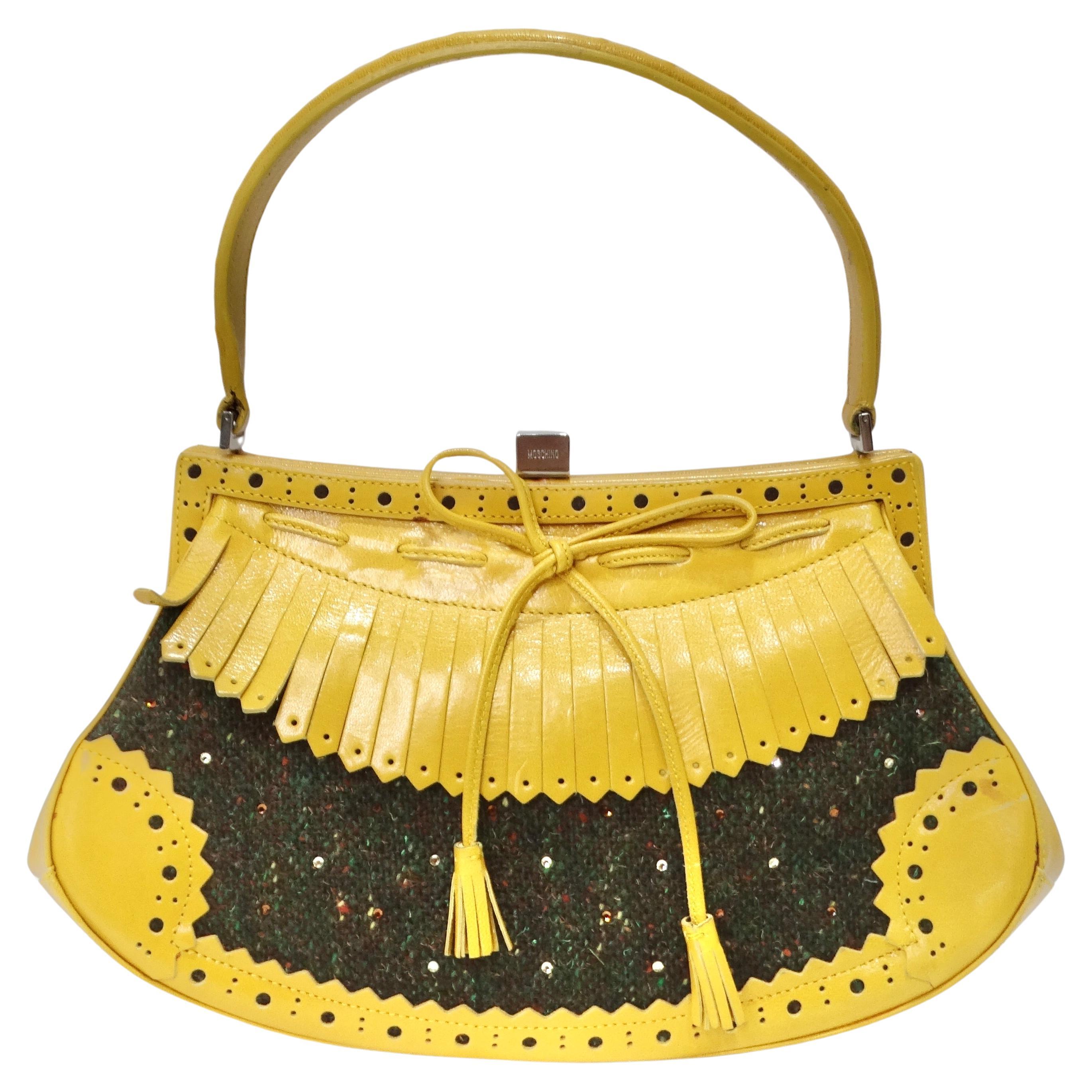 Moschino Vintage Yellow Leather Tweed Handbag For Sale