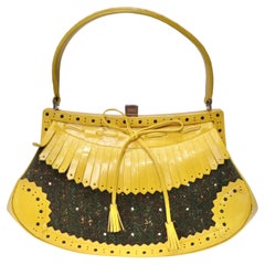 Moschino Used Yellow Leather Tweed Handbag
