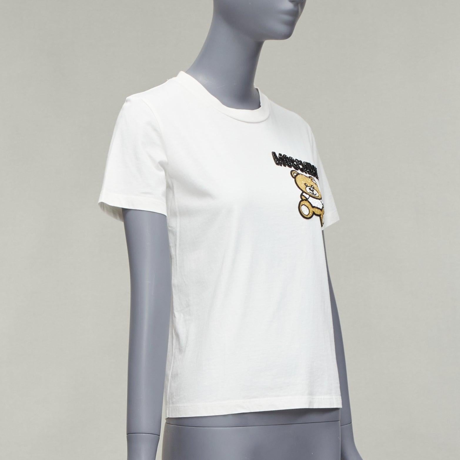 MOSCHINO weiß schwarz braun Perlenstickerei Bär Kurzarm-T-Shirt IT38 XS im Zustand „Hervorragend“ im Angebot in Hong Kong, NT