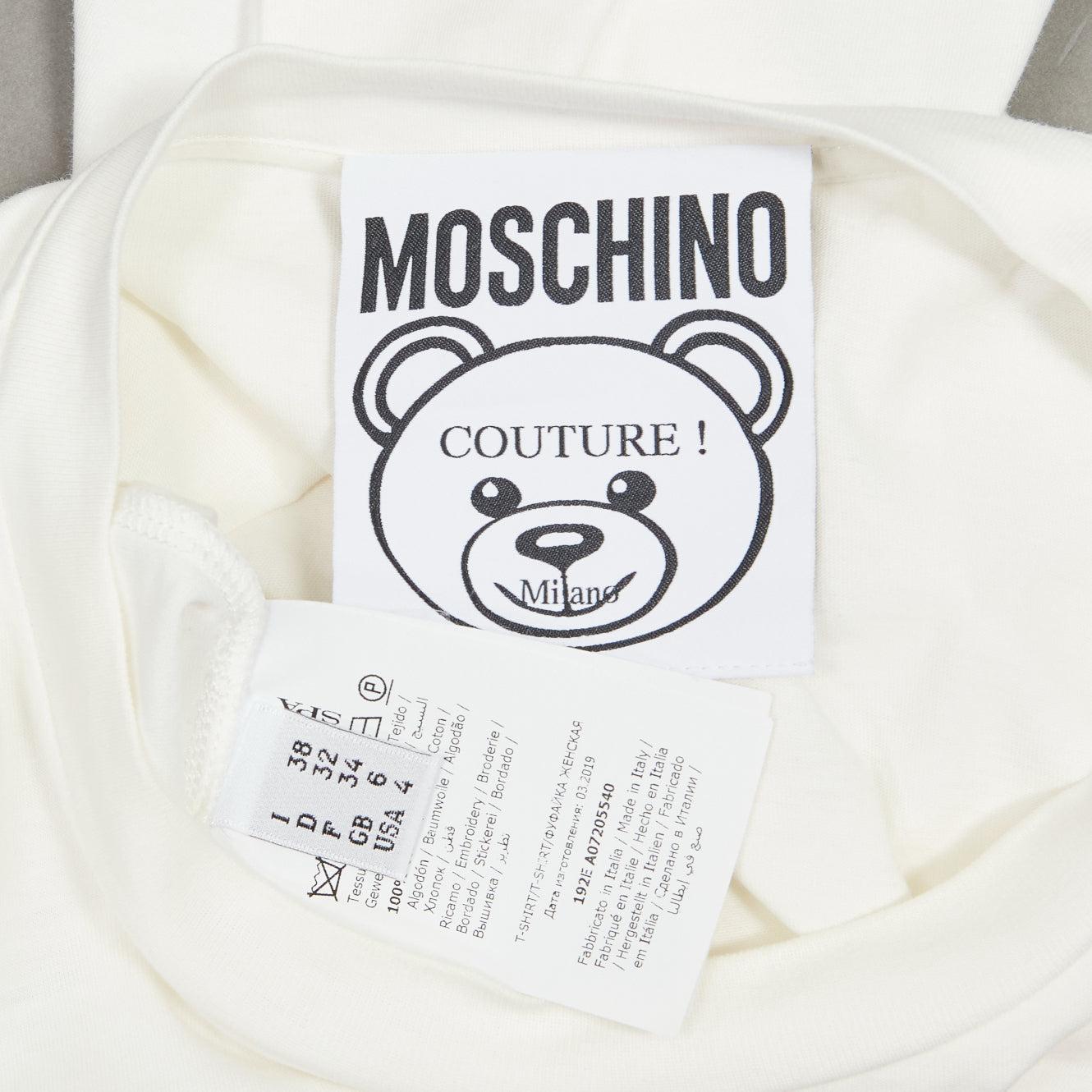 MOSCHINO weiß schwarz braun Perlenstickerei Bär Kurzarm-T-Shirt IT38 XS im Angebot 3