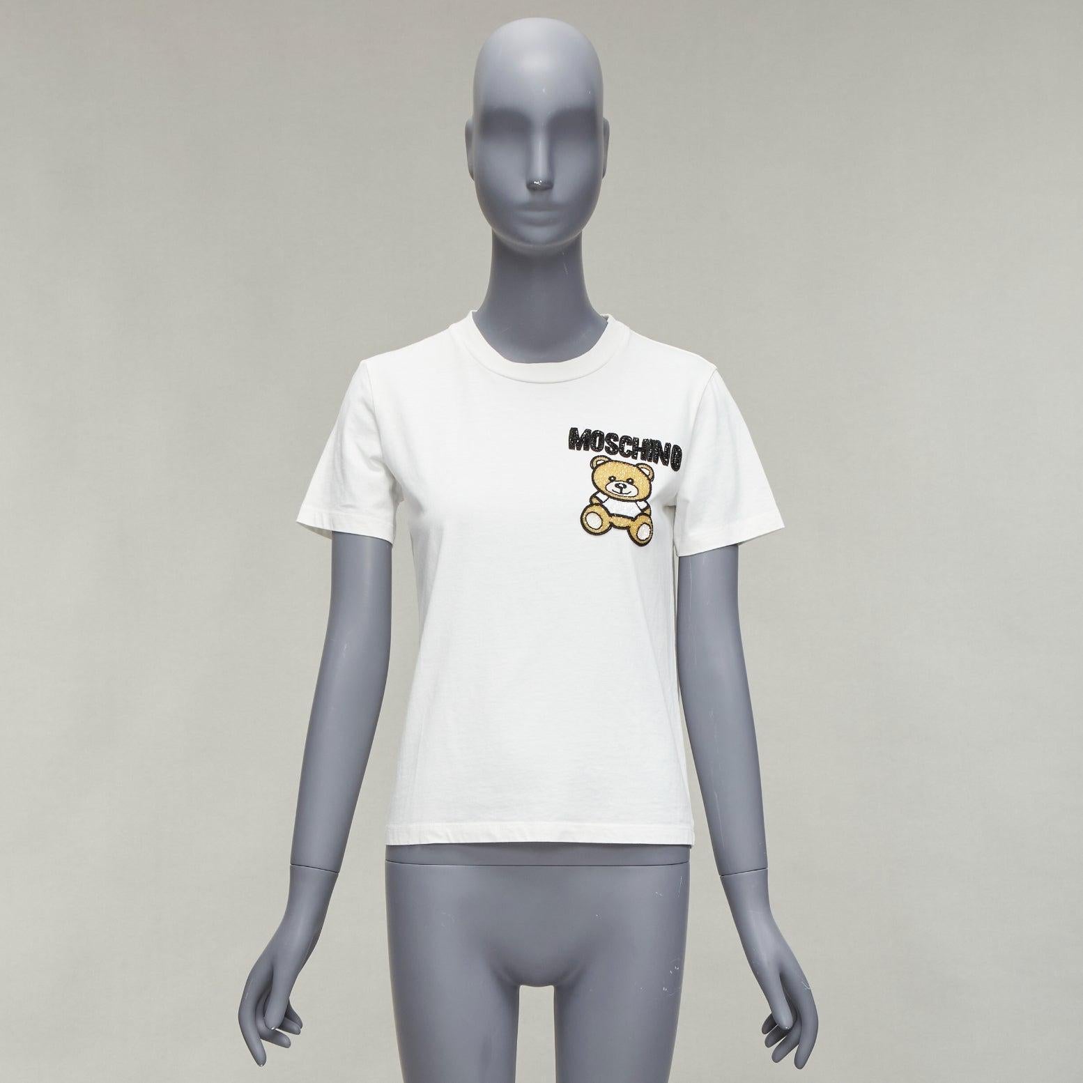 MOSCHINO weiß schwarz braun Perlenstickerei Bär Kurzarm-T-Shirt IT38 XS im Angebot 4