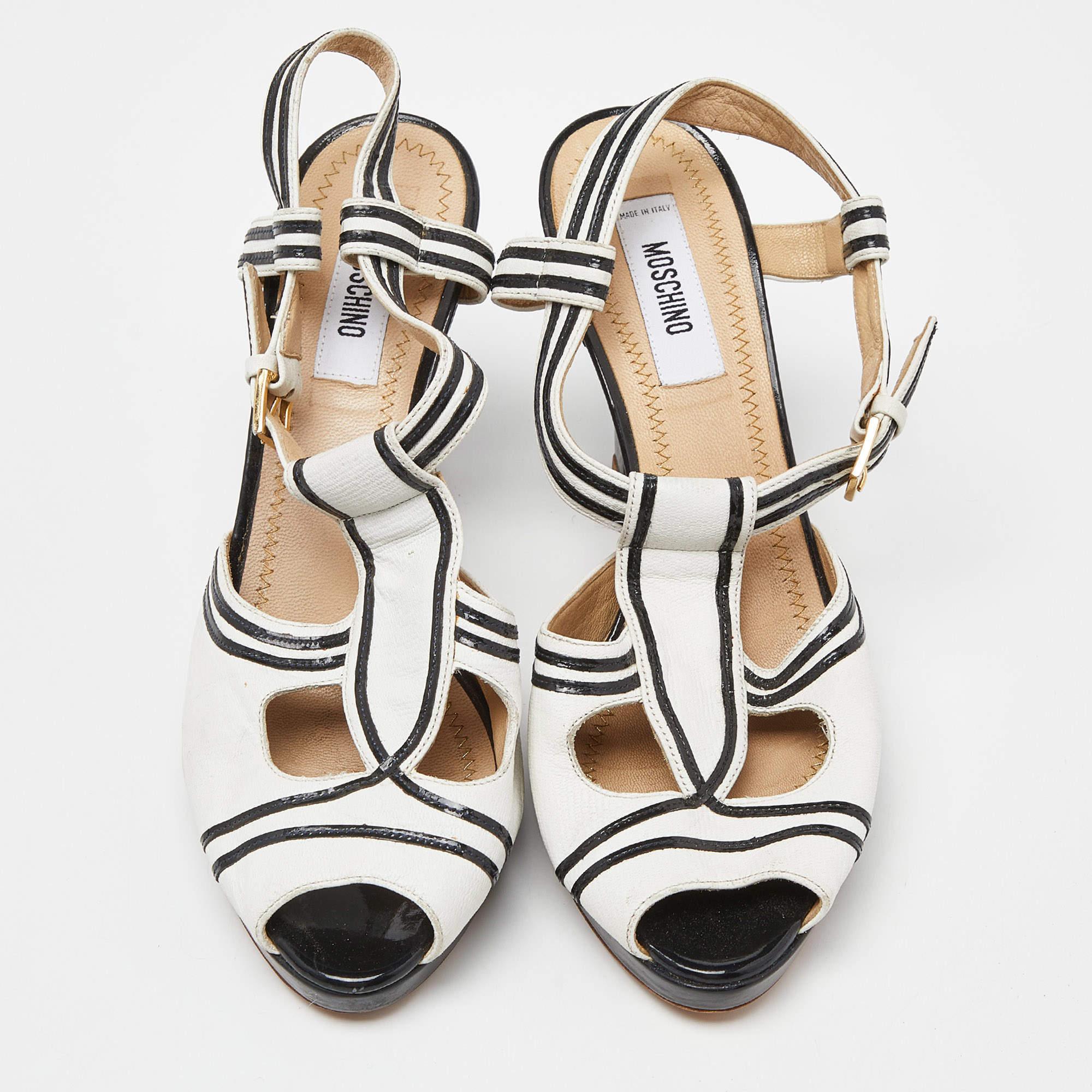 Noir Moschino - Sandales à talon en cuir blanc/noir - Taille 37 en vente