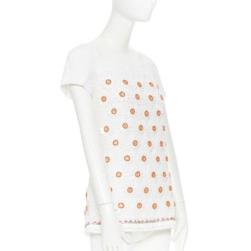 Gray MOSCHINO white cloque cotton orange bead crystal floral embellished top IT38 For Sale