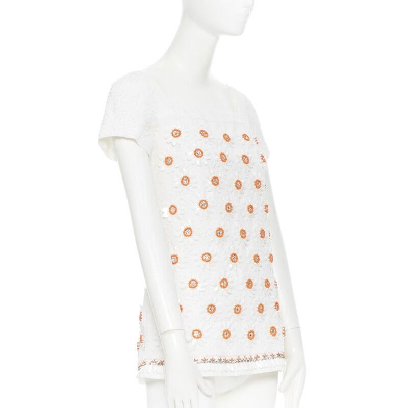 MOSCHINO white cloque cotton orange bead crystal floral embellished top IT38 In Good Condition In Hong Kong, NT