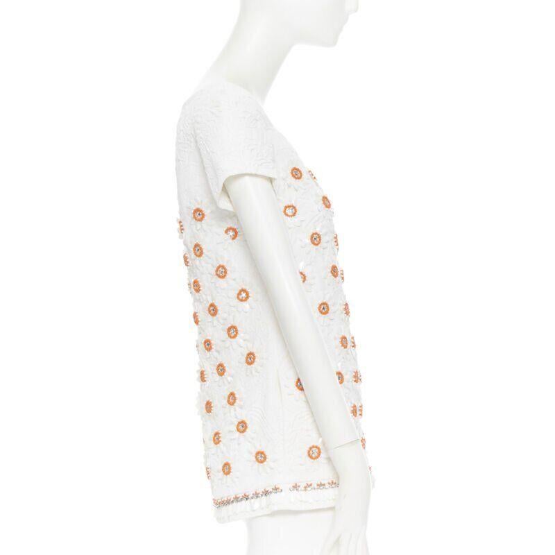 MOSCHINO white cloque cotton orange bead crystal floral embellished top IT38 In Good Condition For Sale In Hong Kong, NT