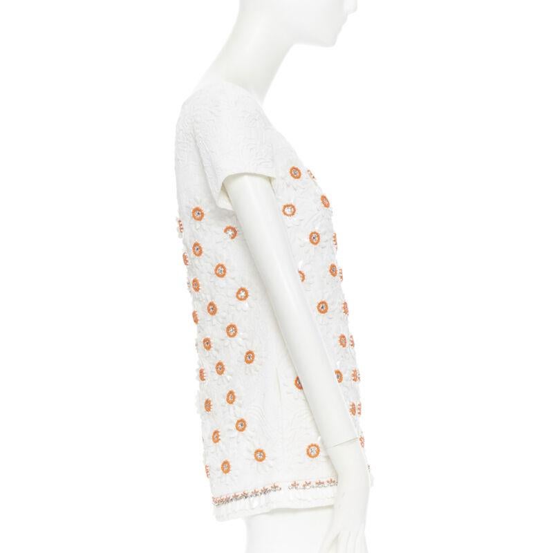 Women's MOSCHINO white cloque cotton orange bead crystal floral embellished top IT38