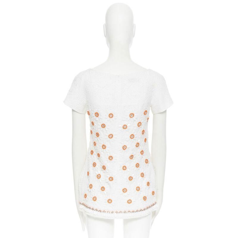 MOSCHINO white cloque cotton orange bead crystal floral embellished top IT38 1