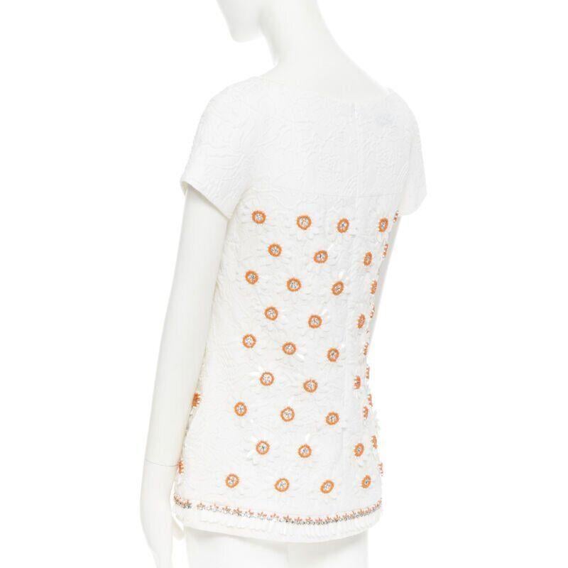 MOSCHINO white cloque cotton orange bead crystal floral embellished top IT38 For Sale 1
