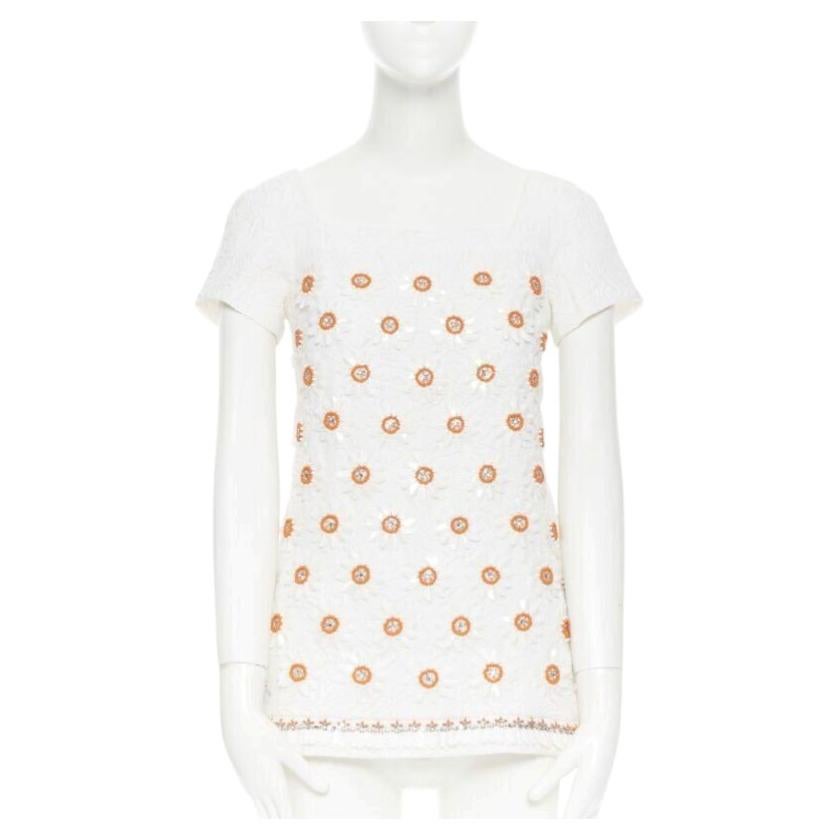 MOSCHINO white cloque cotton orange bead crystal floral embellished top IT38 For Sale