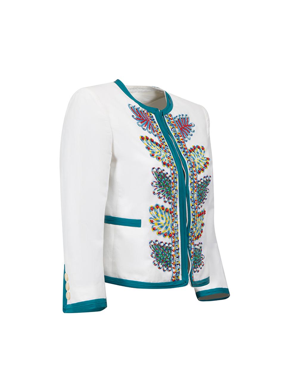 CONDITION is Very good. Minimal wear to jacket is evident. Minimal discolouration on cuffs and back of jacket on this used Moschino designer resale item.



Details


White

Synthetic

Cropped jacket

Beaded accent

Teal trimmings

Buttoned