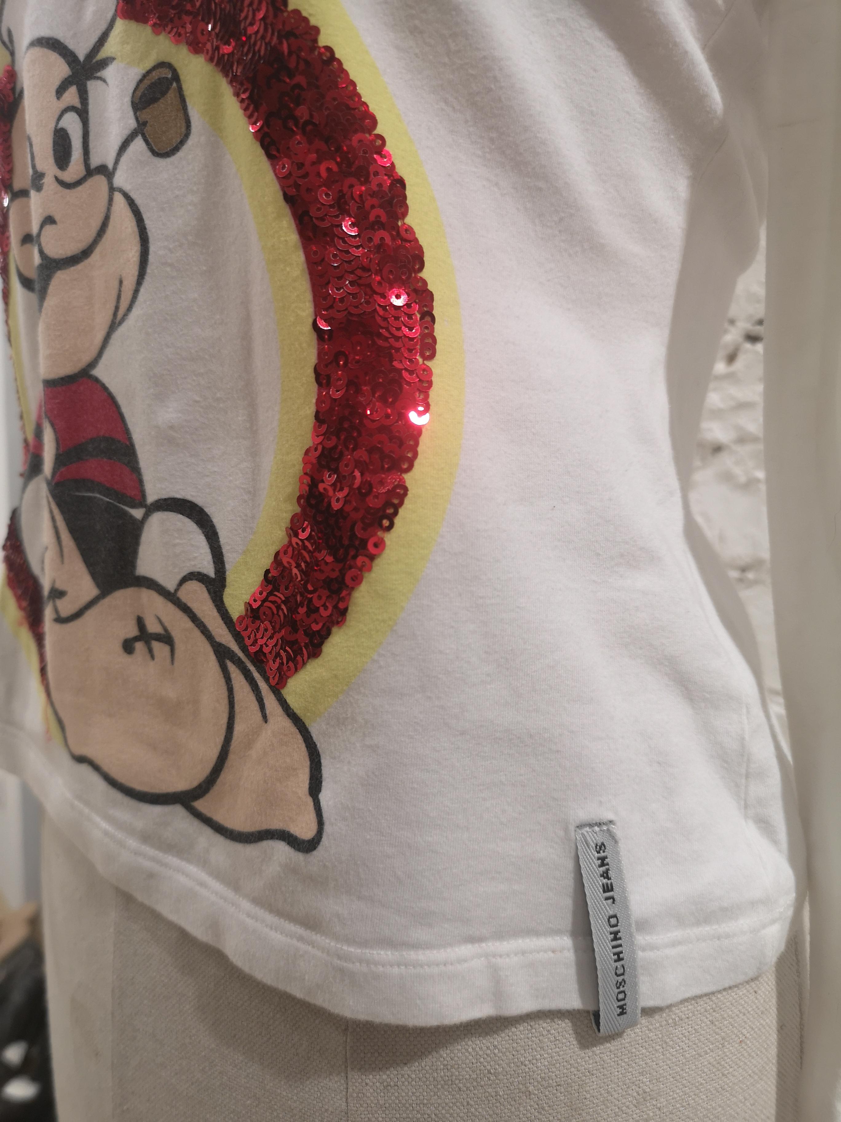 Brown Moschino white cotton red sequins Popeye t-shirt