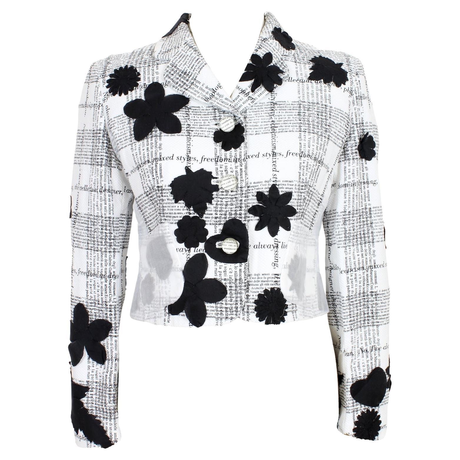 Moschino White Cotton Vintage Short Floral Marquez Book Jacket 90s For Sale
