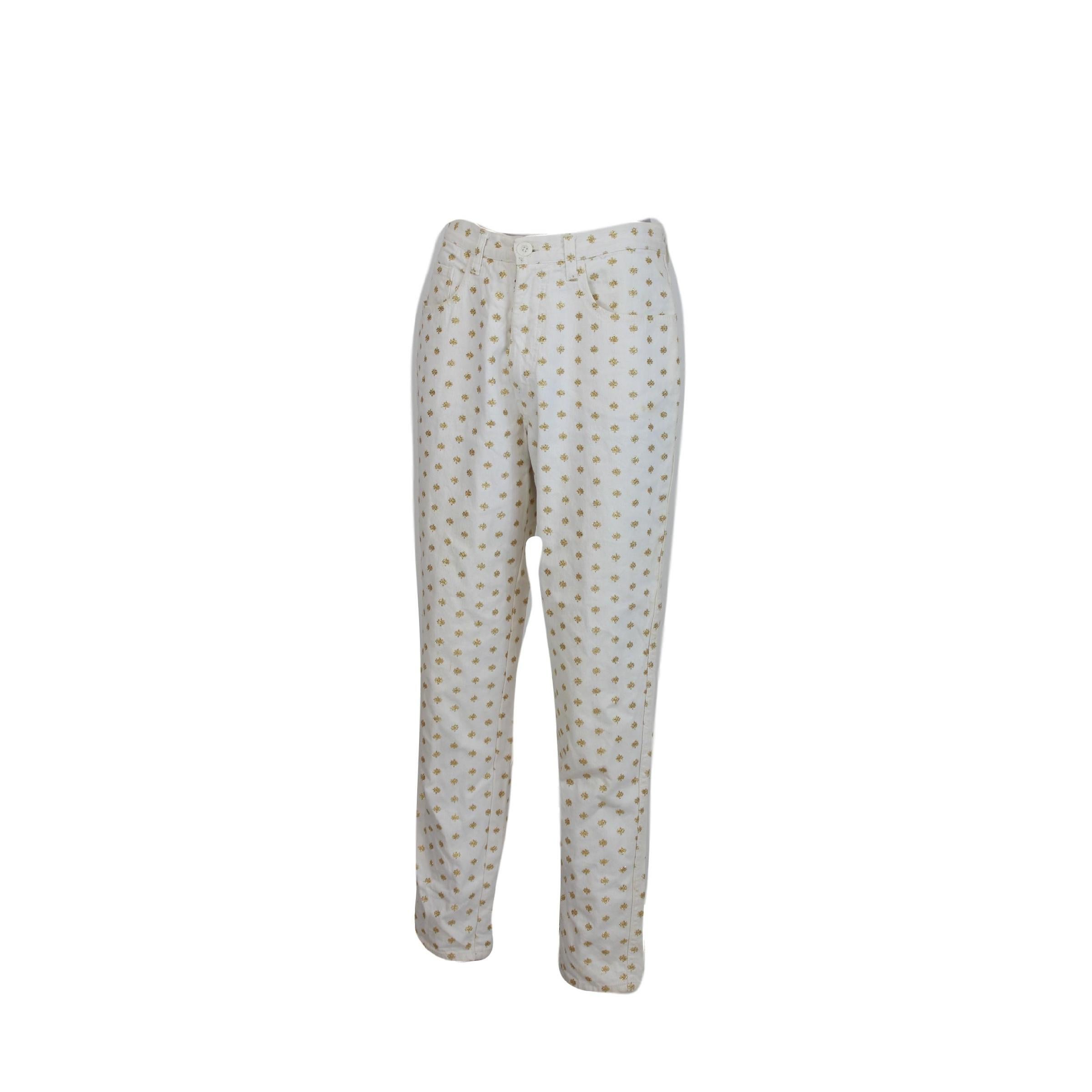 Gris Moschino - Pantalon taille haute à fleurs en denim de coton blanc et or en vente