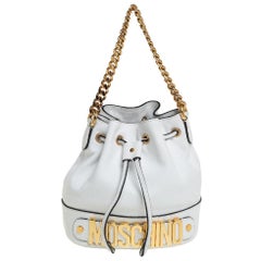 Moschino White Leather Logo Drawstring Bucket Bag