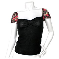 Moschino Wool Knit & Silk Floral Print Off-The-Shoulder Top