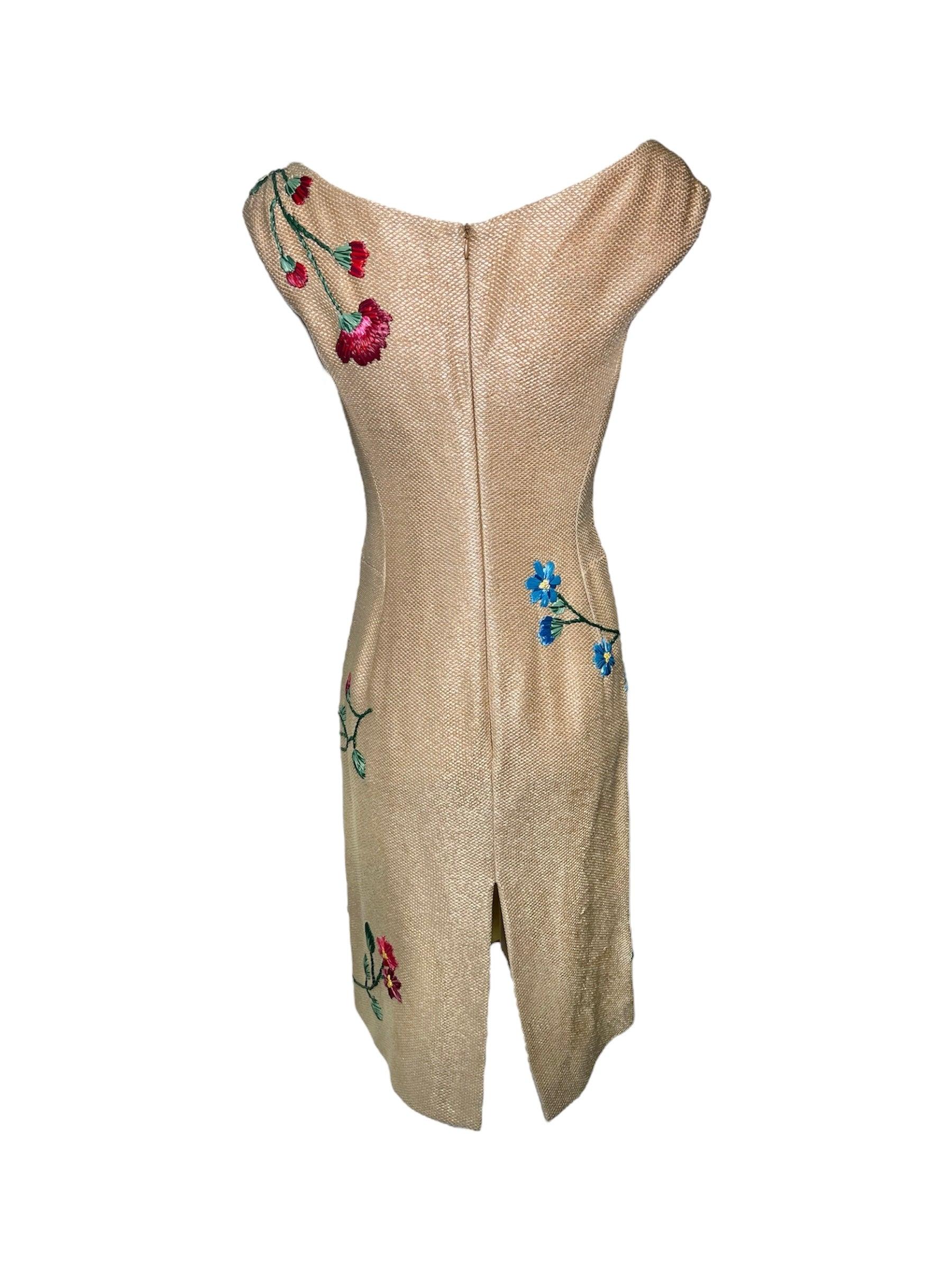 Moschino Cocktailkleid aus gewebtem Raffia mit floraler Stickerei, 1950er Jahre (Braun) im Angebot