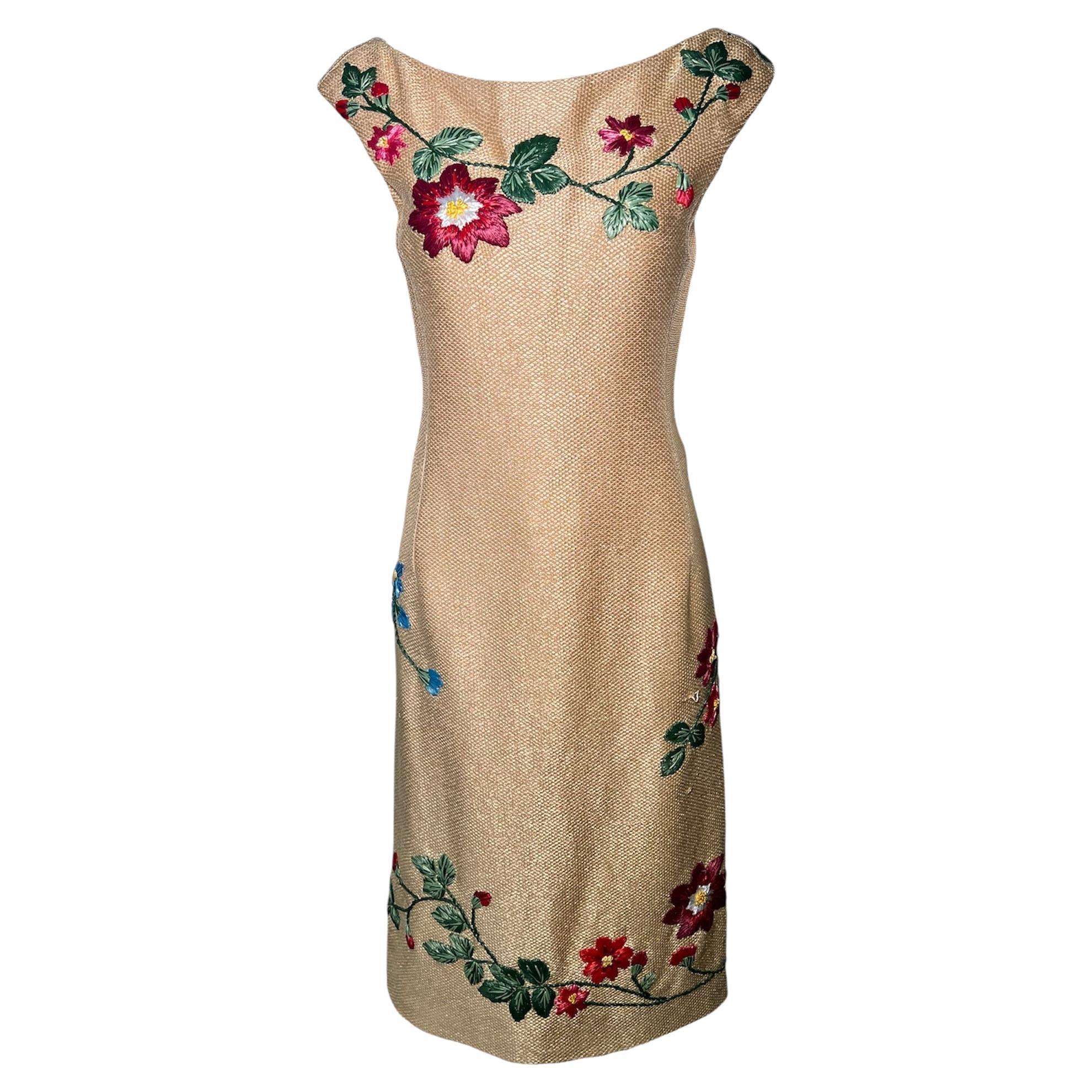 Moschino Cocktailkleid aus gewebtem Raffia mit floraler Stickerei, 1950er Jahre im Angebot