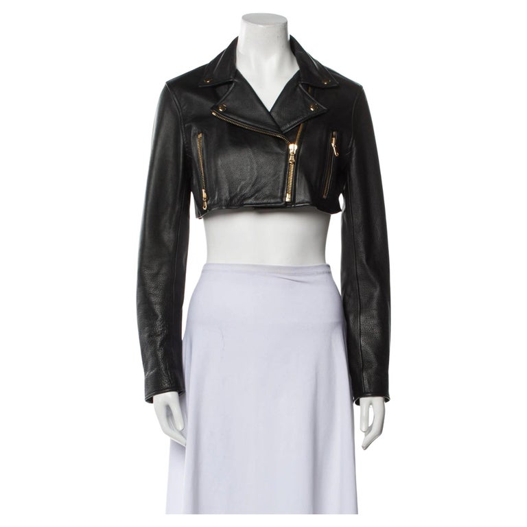 Moschino x H&M TV Cropped Black Leather Jacket Size 34 at 1stDibs