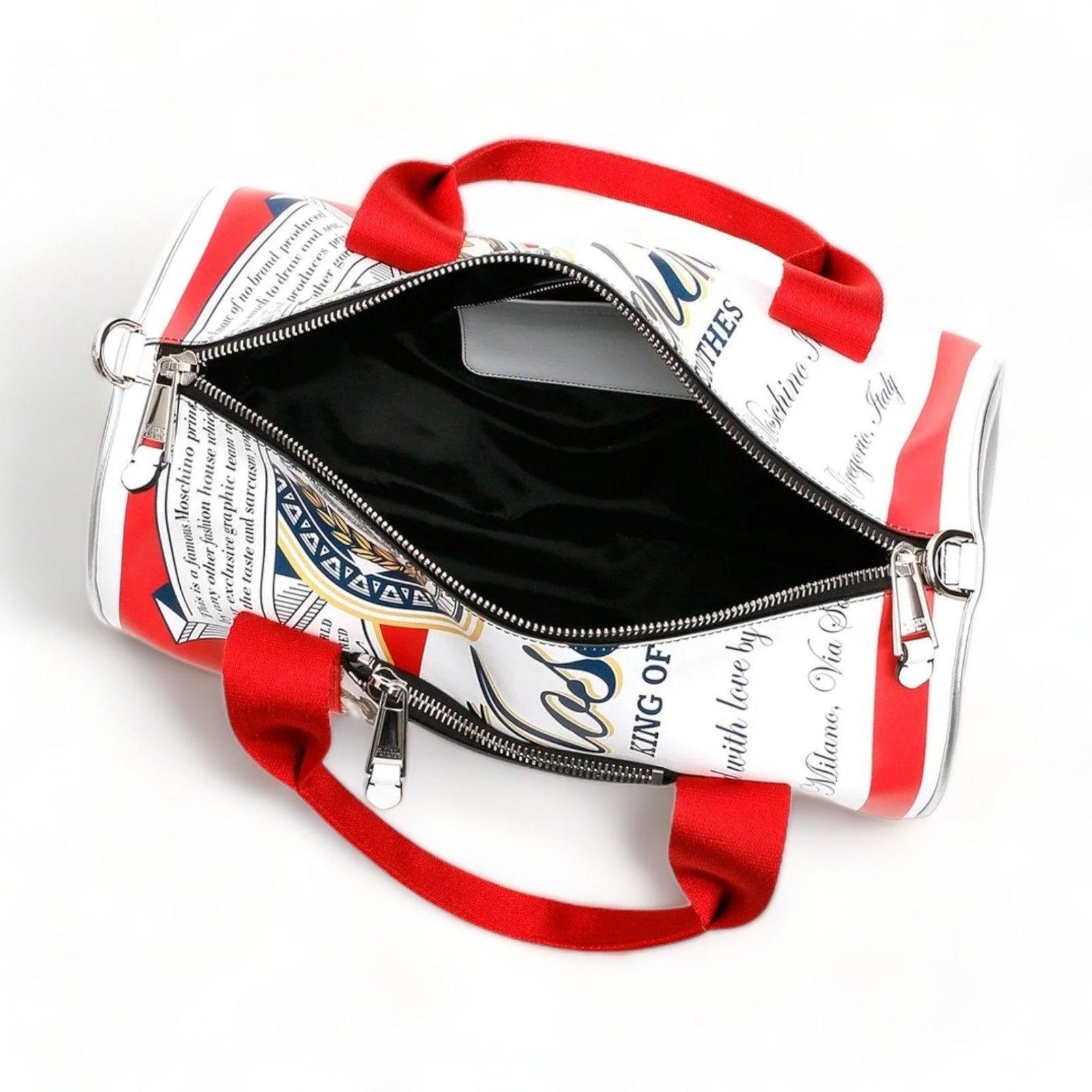 Moschino X Jeremy Scott Budweiser Beer Can Duffel Bag Leather in White In Excellent Condition For Sale In Los Angeles, CA