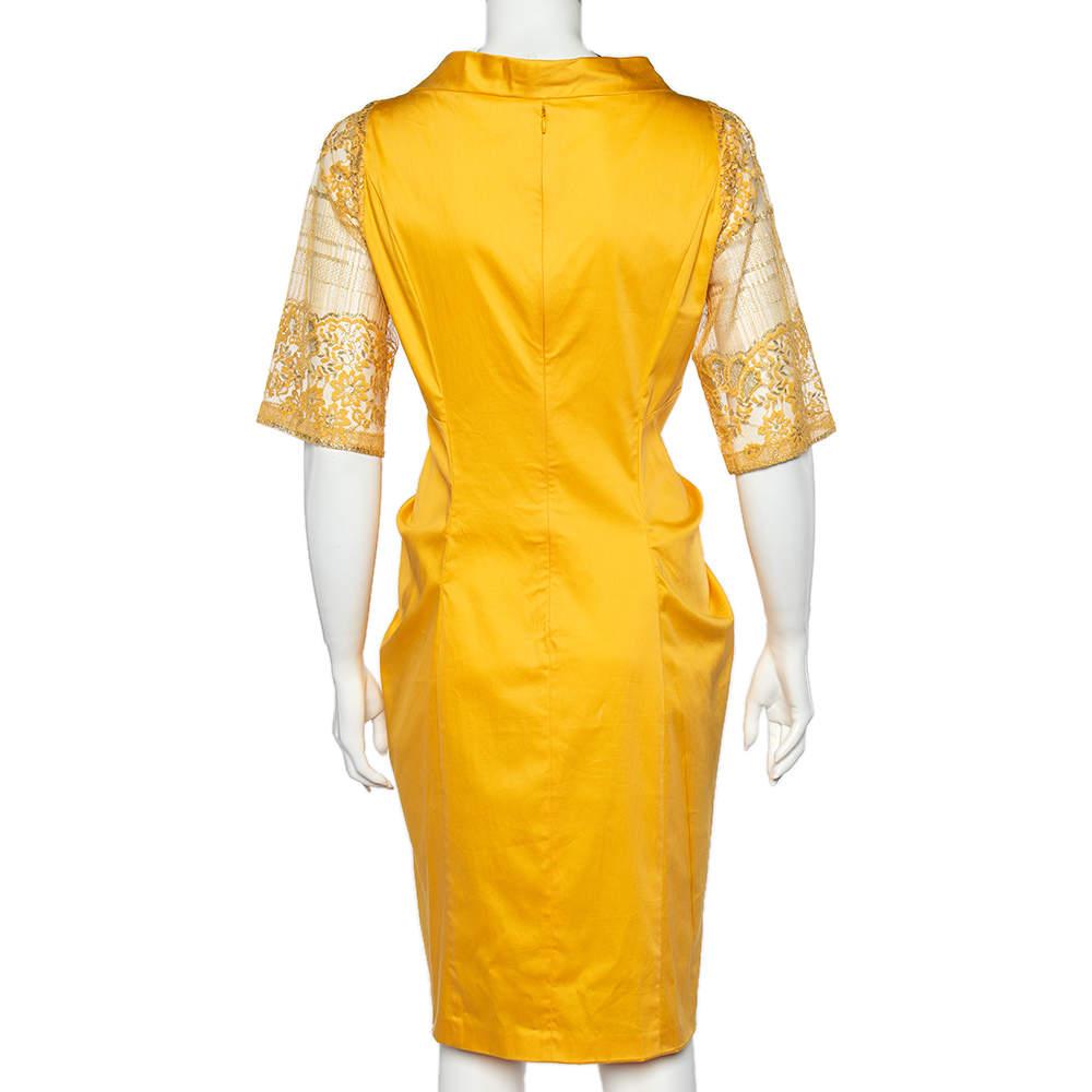 Moschino Yellow Cotton And Lace Sleeve Bow Detail Midi Dress M In Good Condition In Dubai, Al Qouz 2