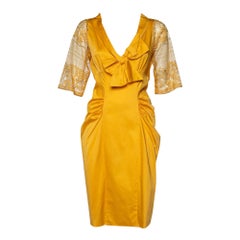 Moschino Yellow Cotton And Lace Sleeve Bow Detail Midi Dress M
