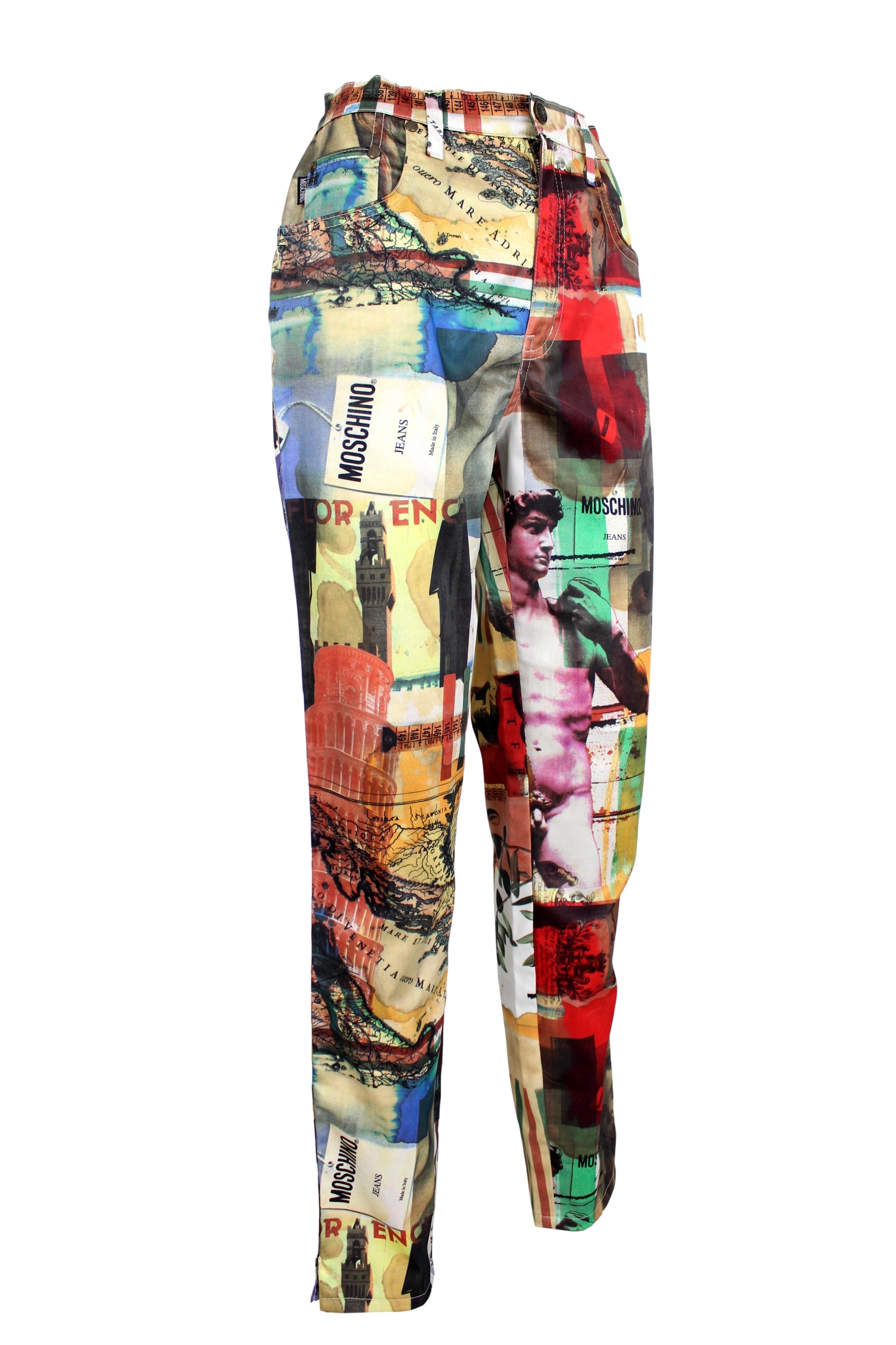 Moschino Jeans 90s women's trousers. Iconic trousers depicting monuments of Tuscany. Bright colors from yellow to red. Classic 5-pocket model. straight leg and high waist. Button and zip closure. 95% polyamide 5% elastane fabric. Made in Italy.