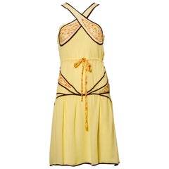 Moschino Vestido Flapper Vintage Amarillo de Seda con Parches Inspirado en los Años 20