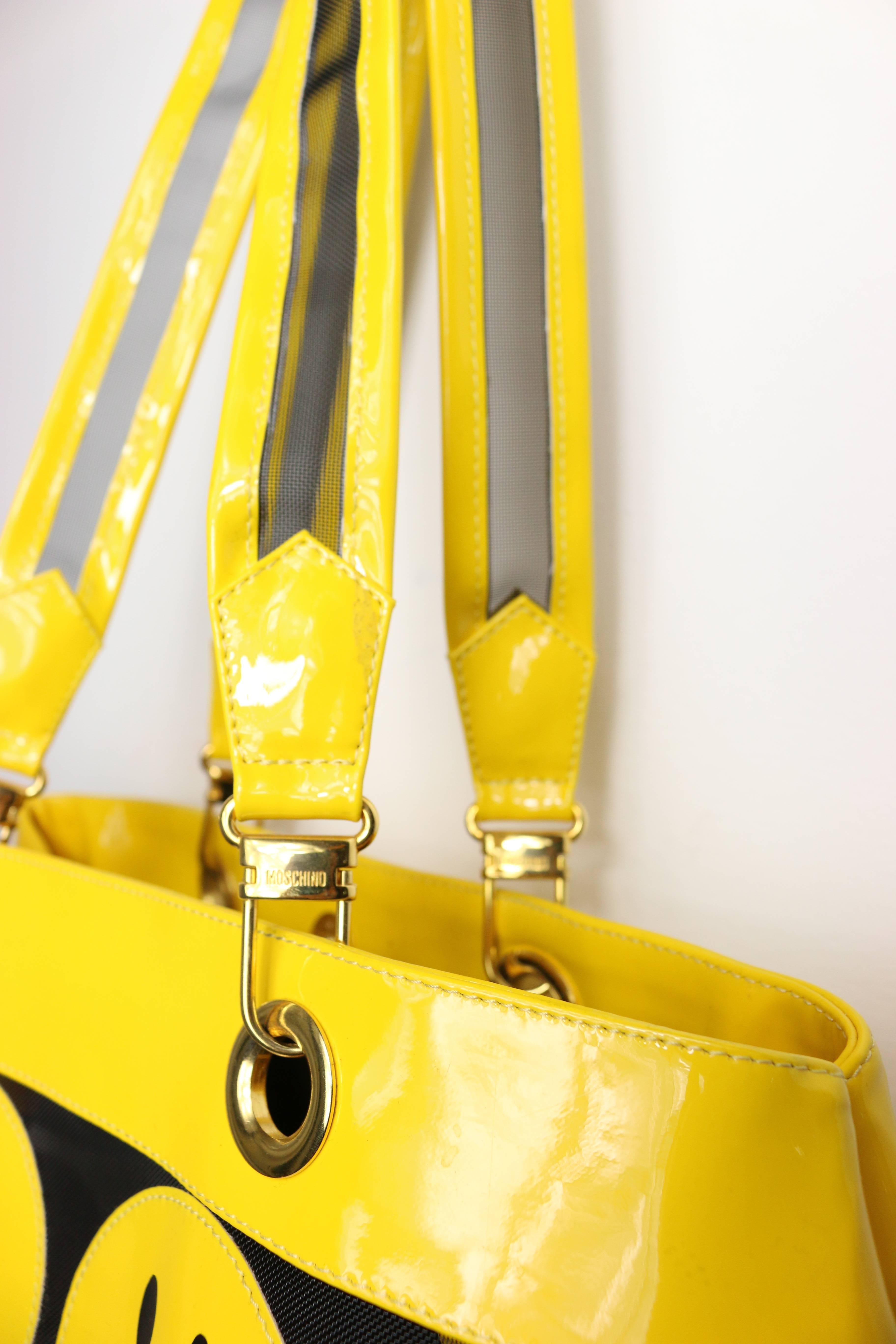 Women's or Men's Moschino Yellow Smiley Face Patent Mesh Tote Bag For Sale