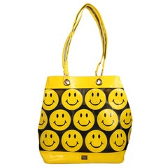 Moschino Yellow Smiley Face Patent Mesh Tote Bag